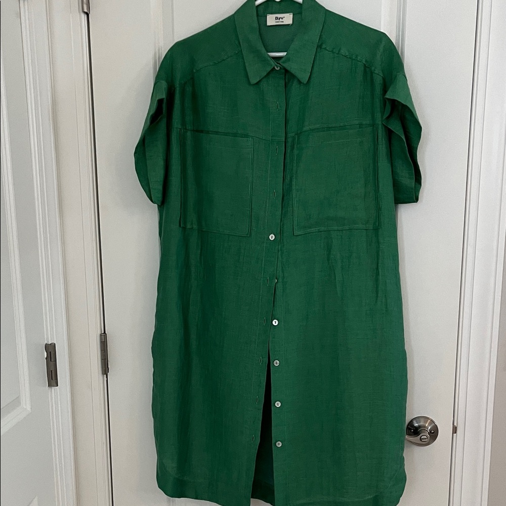 Aritzia Wilfred Green Linen Button-Front Shirt Dress